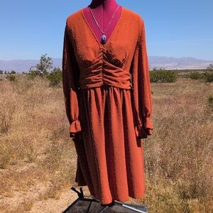 Delightful Pumpkin Rust Long-Sleeve V-Neck Midi Lightweight Dress sz 2 XL